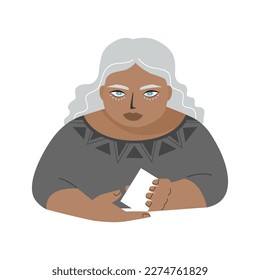 Tarot card readers holding a blank card. Gypsy woman flat vector illustration.	