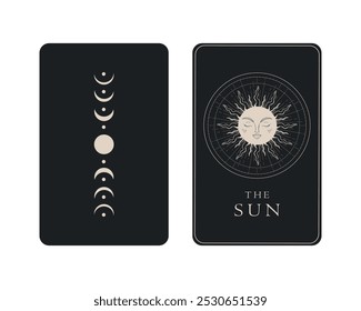 Cartão de tarô com verso. O símbolo do Sol Arcana. Simbolismo de tarô. Mistério, astrologia, esotérico. Ilustração vetorial