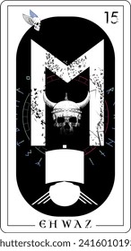 Tarot card with runic alphabet. Runic letter called Ehwaz with viking ship and skull.