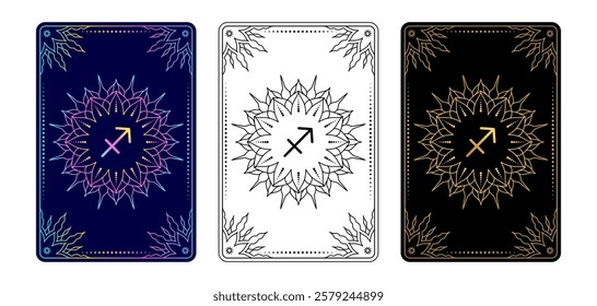 Tarot card with Sagittarius zodiac sign. Simple line art style.