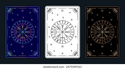 Tarjeta de Tarot con un símbolo rúnica escandinavo. Brújula vikinga. Brújula Vervisir.