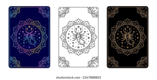 Tarot card with Scorpio zodiac sign.  Stylized scorpion at the center, adorned with mystical elements such as stars and an intricate mandala.