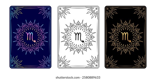 Tarot card with Scorpio zodiac sign. Simple line art style.