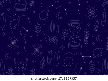 Cartão de tarô padrão sem costura, fundo astrológico. Design mágico. Moderna magia bruxaria astrologia padrão sem costura com sol, estrelas, planetas e espaço exterior. Plano de fundo da astrologia