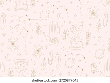 Cartão de tarô padrão sem costura, fundo astrológico. Design mágico. Moderna magia bruxaria astrologia padrão sem costura com sol, estrelas, planetas e espaço exterior. Plano de fundo da astrologia