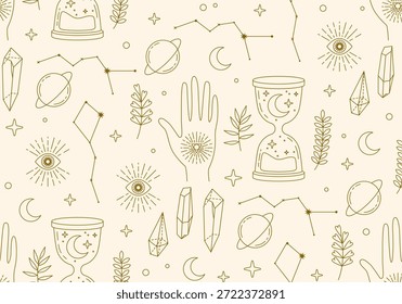 Cartão de tarô padrão sem costura, fundo astrológico. Design mágico. Moderna magia bruxaria astrologia padrão sem costura com sol, estrelas, planetas e espaço exterior. Plano de fundo da astrologia
