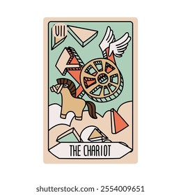 Tarot card is Senior Arcane the chariot. Vector hand-drawn deck. Vintage style with engraving. Occult and alchemical symbolism. isolated illustration of bright oracle. mysticism, magic, psychology