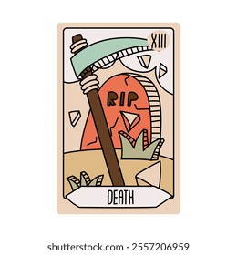 Tarot card is Senior Arcane the death. Vector hand-drawn deck. Vintage style with engraving. Occult and alchemical symbolism. isolated illustration of bright oracle. mysticism, magic, psychology