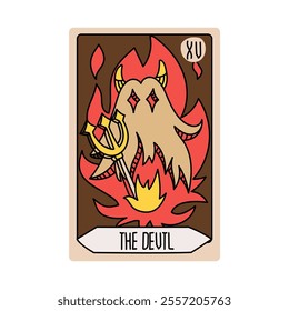 Tarot card is Senior Arcane the devil. Vector hand-drawn deck. Vintage style with engraving. Occult and alchemical symbolism. isolated illustration of bright oracle. mysticism, magic, psychology