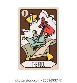 Tarot card is the Senior Arcane Fool. Vector hand-drawn deck. Vintage style with engraving. Occult, alchemical symbolism. Isolated illustration of a bright oracle. mysticism, magic, psychology, future