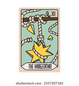 Tarot card is Senior Arcane the hanged man. Vector hand-drawn deck. Vintage style with engraving. Occult and alchemical symbolism. isolated illustration of bright oracle. mysticism, magic, psychology