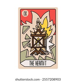 Tarot card is Senior Arcane the hermit. Vector hand-drawn deck. Vintage style with engraving. Occult and alchemical symbolism. isolated illustration of bright oracle. mysticism, magic, psychology