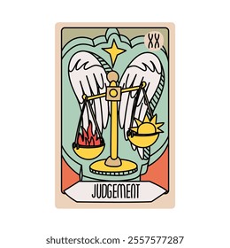 Tarot card is Senior Arcane judgement. Vector hand-drawn deck. Vintage style with engraving. Occult and alchemical symbolism. isolated illustration of bright oracle. mysticism, magic, psychology