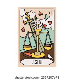 Tarot card is Senior Arcane the justice. Vector hand-drawn deck. Vintage style with engraving. Occult and alchemical symbolism. isolated illustration of bright oracle. mysticism, magic, psychology