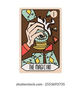 Tarot card Senior Arcane the Magician. Vector hand-drawn deck. Vintage style with engraving. Occult and alchemical symbolism. An isolated illustration of a bright oracle. mysticism, magic, psychology