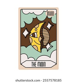 Tarot card is Senior Arcane the moon. Vector hand-drawn deck. Vintage style with engraving. Occult and alchemical symbolism. isolated illustration of bright oracle. mysticism, magic, psychology