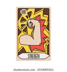 Tarot card is Senior Arcane the strength. Vector hand-drawn deck. Vintage style with engraving. Occult and alchemical symbolism. isolated illustration of bright oracle. mysticism, magic, psychology