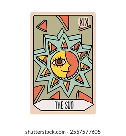 Tarot card is Senior Arcane the sun. Vector hand-drawn deck. Vintage style with engraving. Occult and alchemical symbolism. isolated illustration of bright oracle. mysticism, magic, psychology