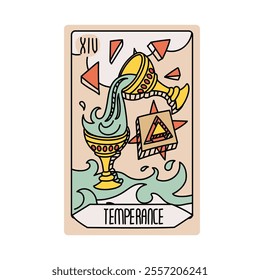 Tarot card is Senior Arcane temperance. Vector hand-drawn deck. Vintage style with engraving. Occult and alchemical symbolism. isolated illustration of bright oracle. mysticism, magic, psychology