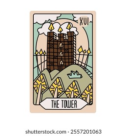 Tarot card is Senior Arcane the tower. Vector hand-drawn deck. Vintage style with engraving. Occult and alchemical symbolism. isolated illustration of bright oracle. mysticism, magic, psychology