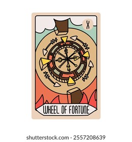 Tarot card is Senior Arcane the wheel of fortune. Vector hand-drawn deck. Vintage style with engraving. Occult alchemical symbolism. isolated illustration of bright oracle. mysticism, magic, psycholog