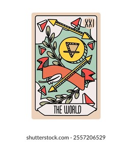 Tarot card is Senior Arcane the world. Vector hand-drawn deck. Vintage style with engraving. Occult and alchemical symbolism. isolated illustration of bright oracle. mysticism, magic, psychology