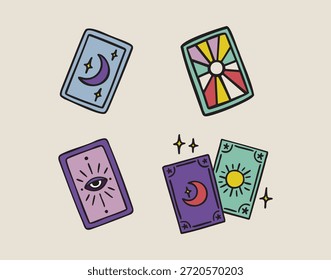 Cartão de tarô definido com olhos, lua e motivos do sol, cartões de adivinhação mística, boho místico bruxo mão desenhado estilo. Ilustração vetorial.
