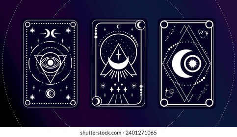 Tarjeta Tarot con un ojo mágico, luna, media luna y estrellas decoradas con formas geométricas. Simbolismo tarot. Misterio, astrología, esotérico. Ilustración del vector
