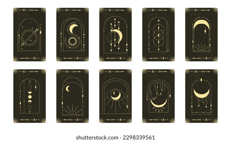 Tarjeta Tarot con marco celeste místico. Tarjeta tarot esotérica Boho con luna y marco. Ilustración vectorial. Arco celestial de geometría sagrada