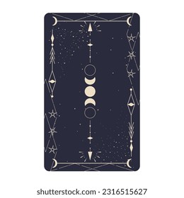 Tarjeta Tarot con borde celeste místico. Tarjeta tarot esotérica Boho con luna y marco. Ilustración vectorial. Triángulo celeste de geometría sagrada