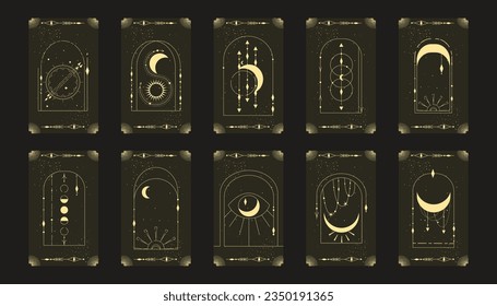 Tarot card set with mystic celestial frame. Boho esoteric tarot card with moon and frame. Vector illustration. Sacred geometry celestial arch