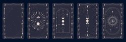 Tarot Card Set With Mystic Eye And Celestial Border. Boho Esoteric Tarot Card With Eye And Frame. Vector Illustration. Sacred Geometry Celestial Triangle