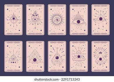 Tarot-Kartensatz mit mystischer Augenpyramide einzeln. Boho esoterische Tarot-Karte mit Auge und Stern. Vektorgrafik. Himmelsdreieck der Heiligen Geometrie