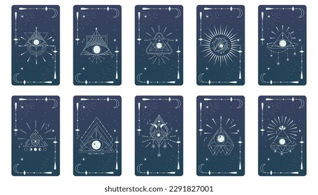 Tarot card set with mystic eye pyramid and celestial border. Boho esoteric tarot card with eye and frame. Vector illustration. Sacred geometry celestial triangle