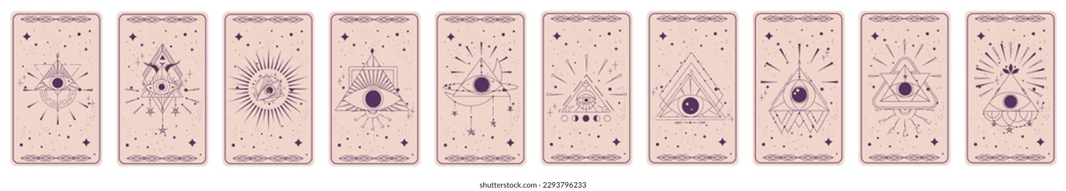 Tarjeta Tarot con pirámide ocular mística aislada. Tarjeta tarot esotérica Boho con ojo y estrella. Ilustración vectorial. Triángulo celeste de geometría sagrada