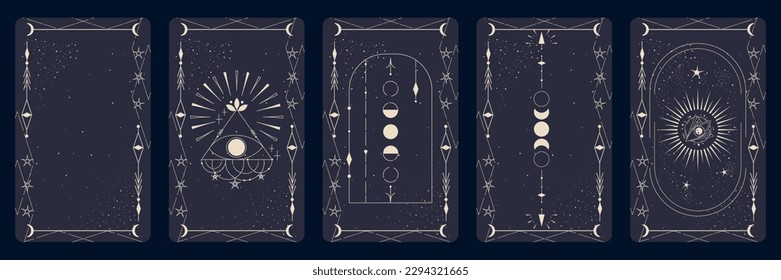 Tarot card set with mystic eye and celestial border. Boho esoteric tarot card with eye and frame. Vector illustration. Sacred geometry celestial triangle