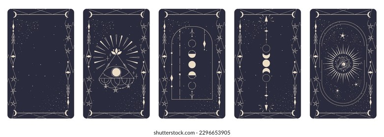 Tarot card set with mystic eye and celestial border. Boho esoteric tarot card with eye and frame. Vector illustration. Sacred geometry celestial triangle