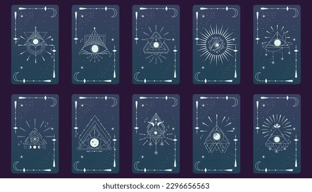 Tarot card set with mystic eye pyramid and celestial border. Boho esoteric tarot card with eye and frame. Vector illustration. Sacred geometry celestial triangle