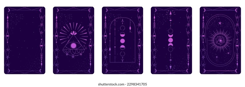 Tarot card set with mystic eye and celestial border. Boho esoteric tarot card with eye and frame. Vector illustration. Sacred geometry celestial triangle