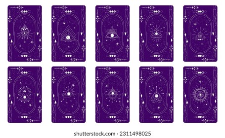 Tarot card set with mystic eye pyramid and celestial border. Boho esoteric tarot card with eye and frame. Vector illustration. Sacred geometry celestial triangle