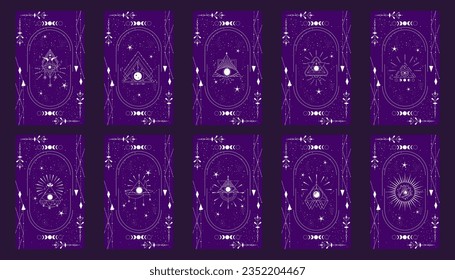 Tarot card set with mystic eye pyramid and celestial border. Boho esoteric tarot card with eye and frame. Vector illustration. Sacred geometry celestial triangle