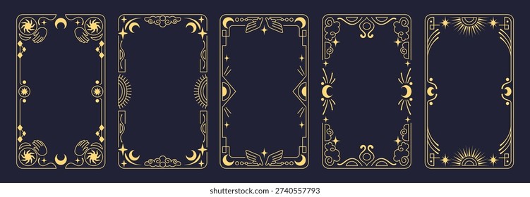 Tarot card set with mystical frames and celestial borders on dark background. Elegant gold moon and sun, esoteric symbols and vintage ornaments - vector magical card designs for astrology lovers.
