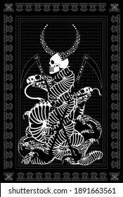 Tarot card skull death with horns and snakes, ornament details 