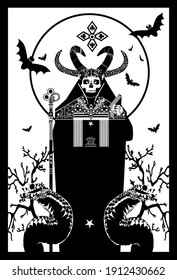 Tarot Card skull death with horns and snakes, black and white background