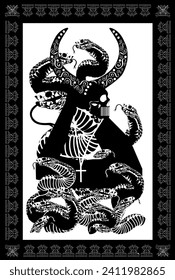 Tarot card skull death with horns and snakes, ornament details