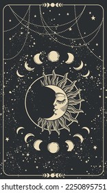 Tarot card, sleeping moon with a face on a black sky background, phases of the moon, mystical boho background for stories, background for astrology. Vector art line illustration, template for design.