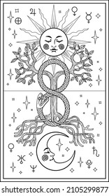 Tarjeta Tarot con sol, media luna, ouroboros y árbol Yggdrasil de la vida de la mitología escandinava. Esbozo de vector aislado