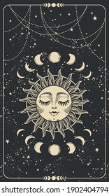 Tarot Card With Sun With Face, Moon Phases And Stars. Magic Card, Bohemian Design, Tattoo, Engraving, Witch Cover. Golden Mystical Hand Drawing On A Black Background.