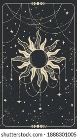 Tarot card with sun, jewelry and stars. Magic card, bohemian design, tattoo, engraving, cover for the witch. Golden mystical hand drawing on a black background.