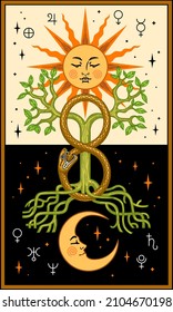 Tarot card with sun, moon, ouroboros and Yggdrasil world tree from scandinavian mythology. Vector illustration
